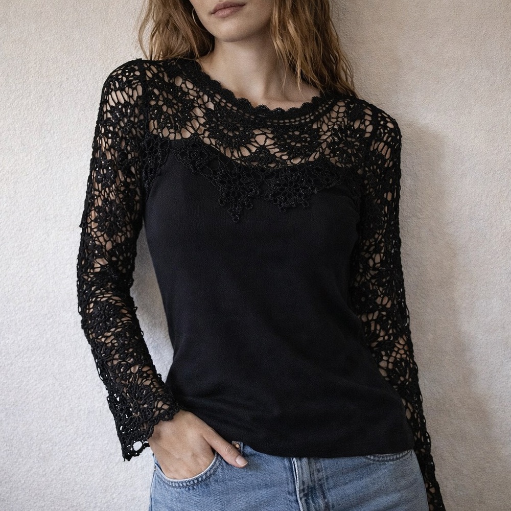 Vintage Basix II Black Lace Beaded Crochet Y2K Goth Fairycore Top Size Small